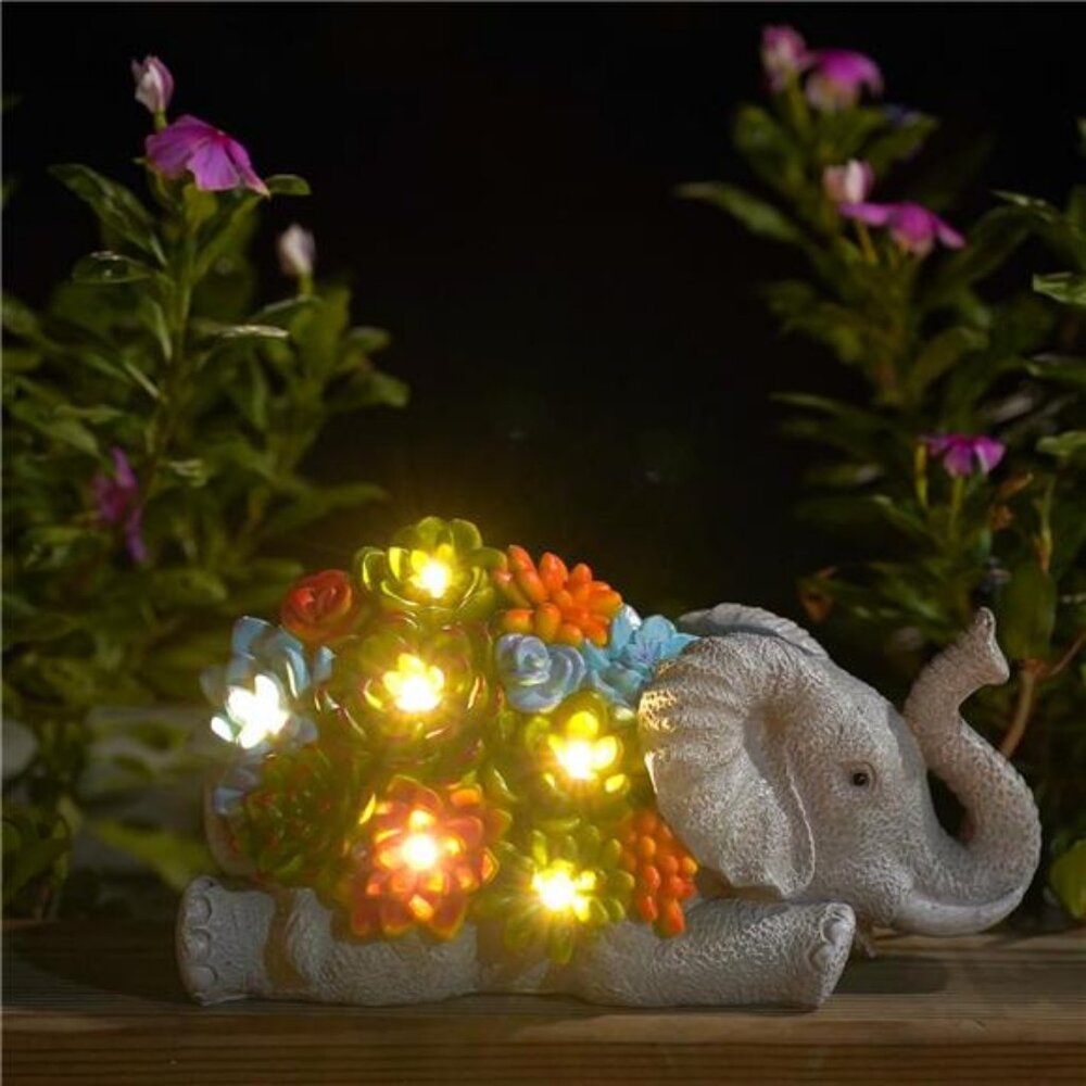 Elephant Statue with Succulent for Garden Decor: Solar Outdoor Sculptures